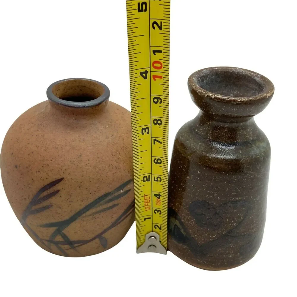 Mini Vases Set Of Two Beige Brown Ceramic Portable Signed Mid Century Charming - Picture 11 of 12